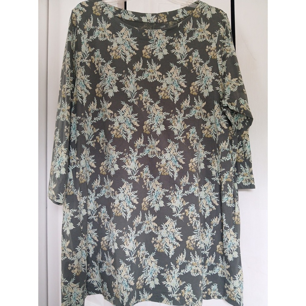 JJill Luxe Supima Tunic Top Women's 2X Green Floral 3/4 Sleeve Stretch Cottage